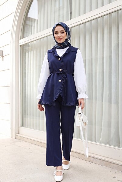 Modamorfo Lace Detailed Belted Vest and Trousers Double Crepe Set - Dark Blue