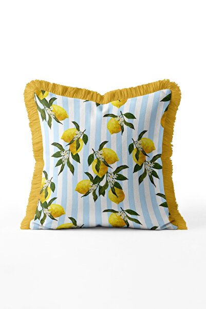 IdeCraft Yellow Striped Lemon and Leaf Patterned Fringed Throw Pillow Cover -...