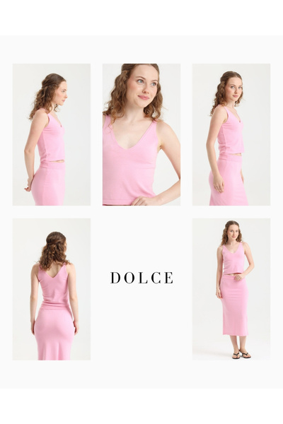 femmes fraiches Luna Exclusive Pink V-Neck Blouse - Skirt Set