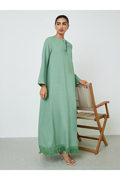 Amirah By Styli Green Tasseled Hem A-Line Jalabiya