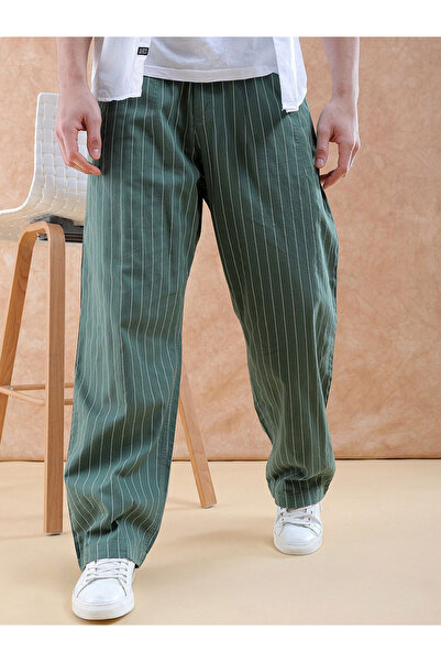The Indian Garage Co By Styli Men Green Loose Fit Striped Trousers