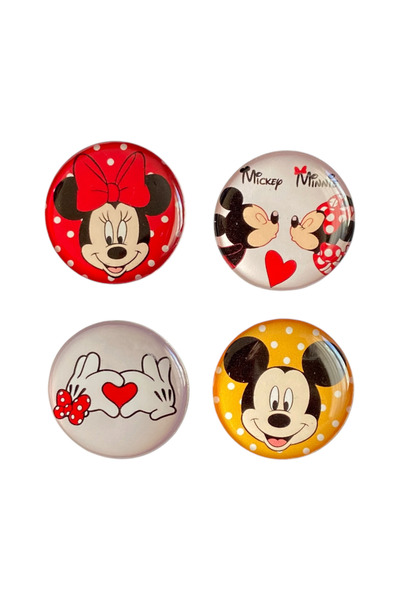 Yaya Dizayn Mickey ve Minnie Mouse Temalı 4'lü Parlak Baskılı Rozet Seti
