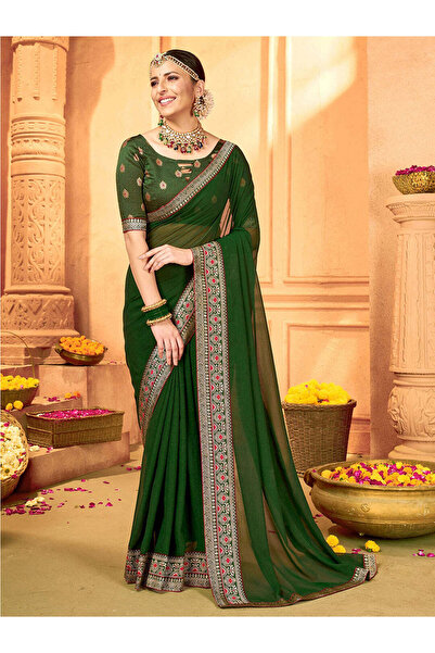 PRASHA Women's Georgette Green Embellished DesignerSaree With Blouse Piece