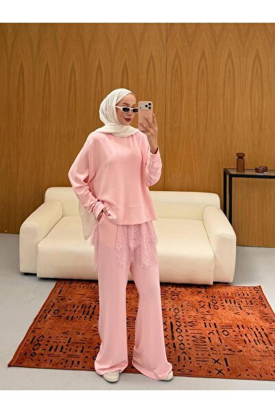 Kadın ekru dantelli ikili oversize sweat bol paça pantalon