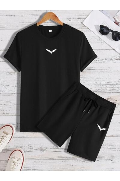 Gisha Unisex Oversize Wing Printed White Crew Neck Black T-Shirt Black Shorts