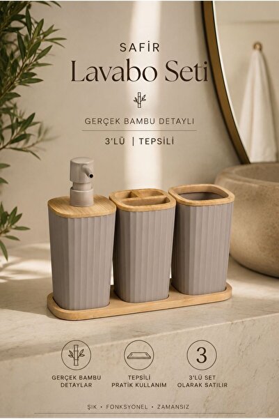 Store HGY Home Safir Gerçek Bambu Detaylı \ Tepsili 3'lü Lavabo Seti - Vizon