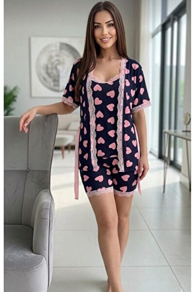 Ryam Mooda 3-Piece Lace Detailed Milan Lycra Shorts Kimono Pajama Set
