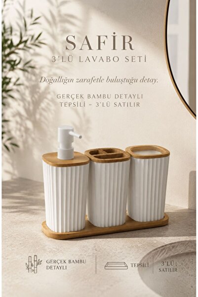 Store HGY Home Safir Gerçek Bambu Detaylı \ Tepsili 3'lü Lavabo Seti - Beyaz