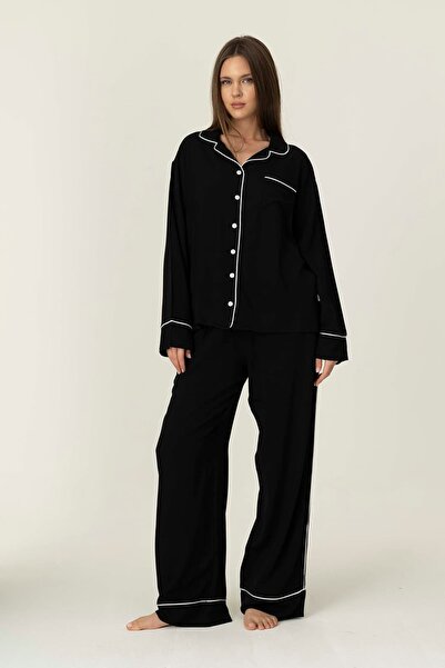 girlstop Kadın Viskon Dokuma Biyeli Uzun Kollu Pijama Takımı