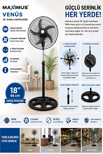 aldımgeldım Venüs 18'' Ayaklı Vantilatör 85W 5 Kanatlı Metal Pervaneli 4 Salı...