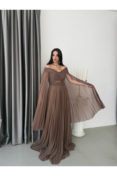 Serica Moda Brown Pleated Strapless Evening Dress with Sleeve Detail