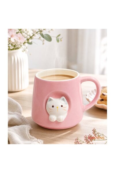 SHOPIENS Cană ceramică roz cu relief 3D cu pisicuță, formă ovală decorativă, ...