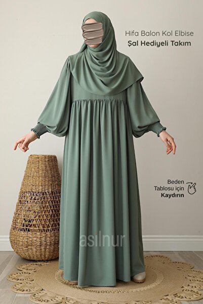 ASİLNUR Hifa Balloon Sleeve Dress Shawl Gift Set Water Green