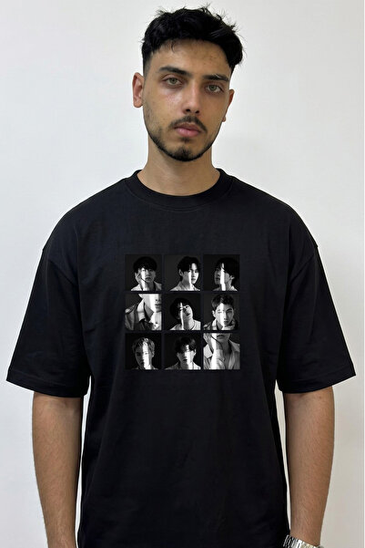 Anetos Tricou negru supradimensionat cu imprimeu BTS K Pop_1