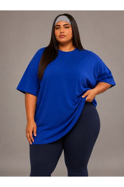 Büyük Beden Kadın Basic Oversize Tişört Bisiklet Yaka Kısa Kollu Rahat Salaş Günlük Tişört Saks Mavi bordo mavi