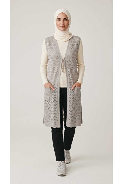 ECE GİYİM Women's Lace-Up Front Pocketed Patterned Thin Long Vest
