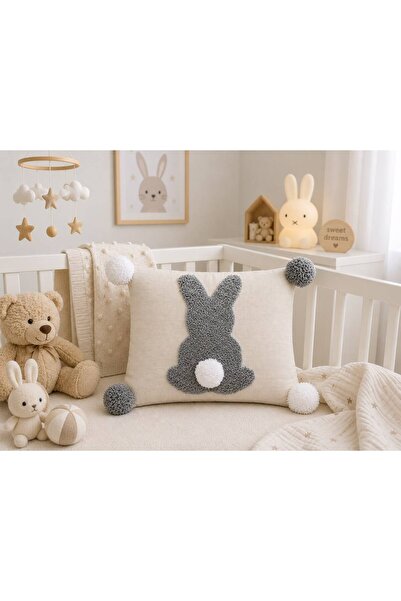 lalin Gray Rabbit Pattern Embroidered Decorative Pillow with Pompom Detail fo...