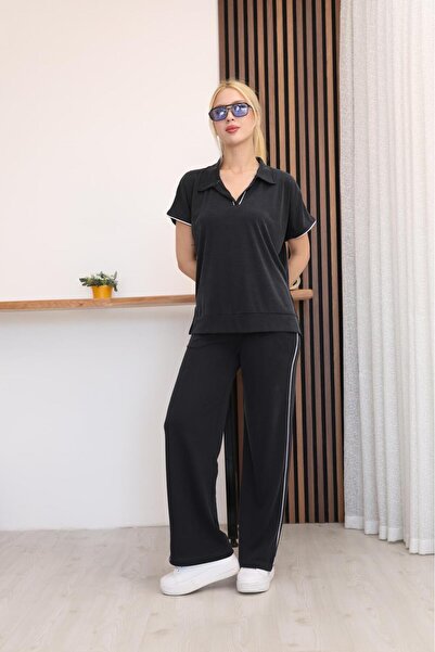 Mersella Aveline Polo Collar Women's Set Short Sleeve Relaxed Fit Wide Leg Bo...