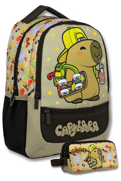 capybara (بني - بيج) مجموعة حقيبة مدرسية وحافظة أقلام مطبوعة بتصميم لوح التزل...