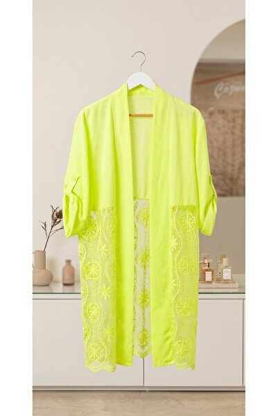 İthal Kadın Neon Fıstık Yeşili Dantel Detaylı Kimono Hırka