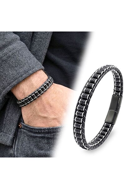 OGHAMAY Onyx & Hematite Steel Braided Leather Bracelet 18392B22D2