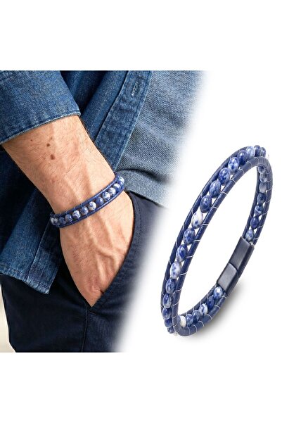 OGHAMAY 6mm Blue Veined Agate Stone Leather Cord and Steel Bracelet 18392B2D6M9