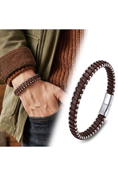 OGHAMAY Damla Steel Chain Coffee Color Leather Wrapped Men's Bracelet 18394B1D6