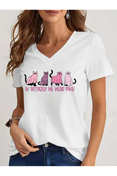 Deocept Women's Mix Printed V-Neck Sleeved Regular Fit Comfortable T-Shirt