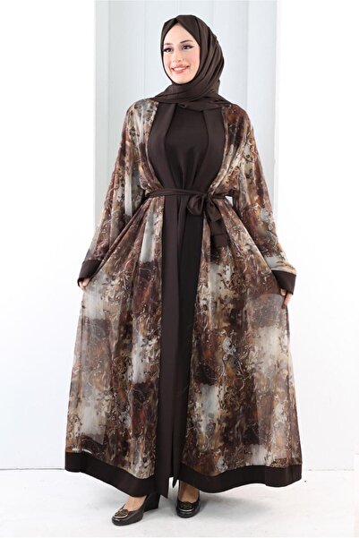 TRENDTESETTÜR KADIN KAHVE ŞALLI KUŞAKLI ABAYA TAKIM T 7807