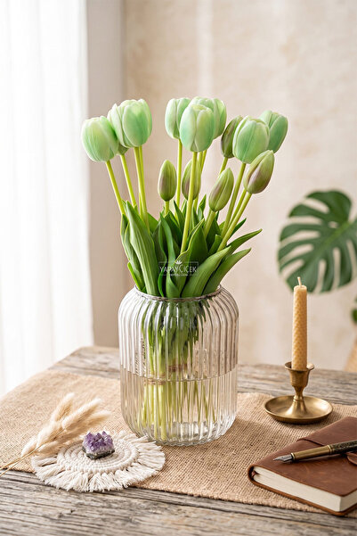 Yapay Çiçek Deposu Real Textured Luxury 5-Branch Coquette Tulip Bouquet Green