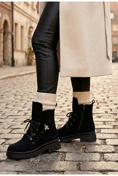 Dasha Ghete dama negre din piele intoarsa cu ornament