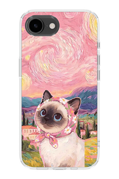 FLAMENKO iPhone 17E Uyumlu Van Gogh Temalı Kedi Desenli Şeffaf Telefon Kılıfı
