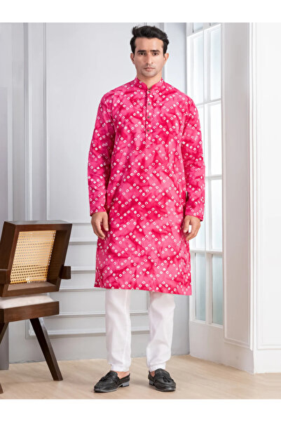 Devoiler Mens Bandhani Printed Cotton Kurta Set