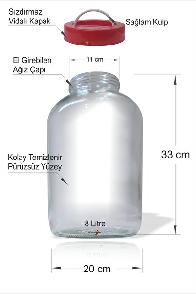 M3DECORİUM Wide Mouth 8-Liter Large Glass Jar with Leak-Proof Plastic Lid and Handle for Pickles, Tomato Paste, Jam, Olives, Dates, Storage Container, Yogurt, Fermentation Jar, Fat Food, Legume Jars