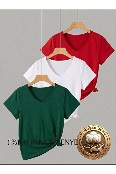 FAVORİST 3 BUCĂȚI TRICOU DE DAMĂ CU GULER ÎN V, MODEL REGULAR (100% BUMBAC)