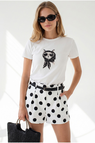 Olalook Women's White Cat Printed Beaded Detailed Crop T-Shirt Tsh-19001011