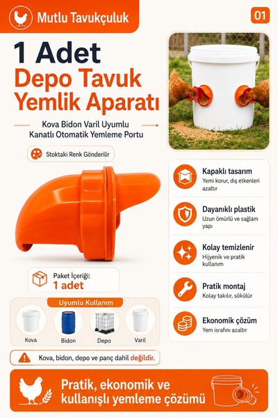 MUTLU TAVUKÇULUK 1 Adet Depo Tavuk Güvercn Yemlik Aparatı Kova Bidon Varil Uy...
