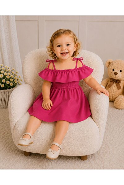 Moda Lina Baby Rochie de vară cu volane și detaliu la umăr, fucsia, pentru fete