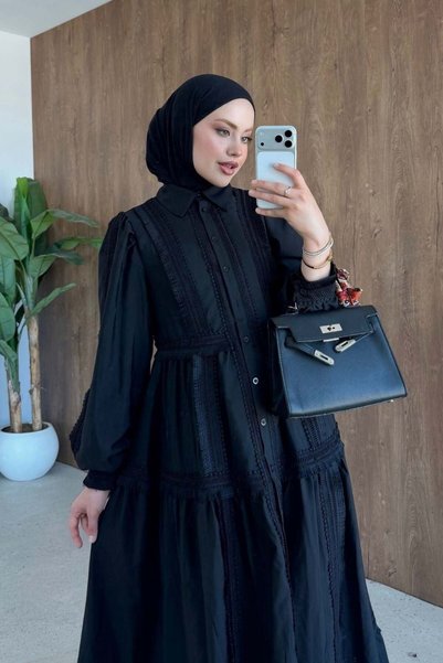 Şule Giyim Belinda Guipure Detailed Dress Black