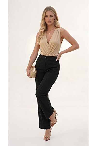 moda benna Women's Black Crepe Palazzo Trousers with Elastic Waist, Full Lycr...
