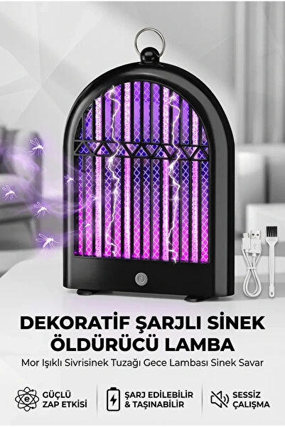 Miravm Dekoratif Şarjlı Sinek Öldürücü Lamba Mor Işıklı Sivrisinek Tuzağı Gec...
