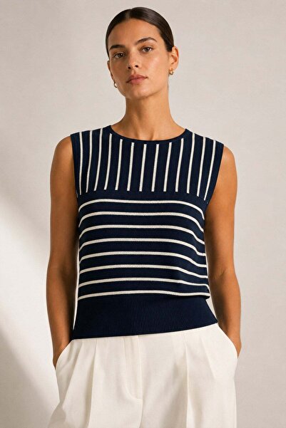 Ferraro Navy Blue Crew Neck 100% Cotton Women's Sleeveless Striped Knitwear B...