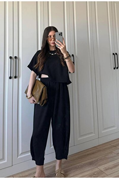 Olbia Black Crew Neck Modal Shalwar Trousers Set