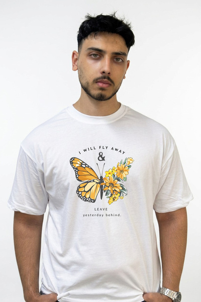 Anetos Butterfly Flower Design Printed Oversize White T-Shirt