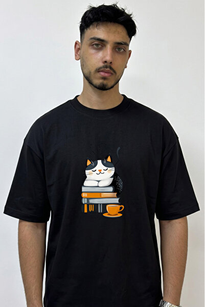 Anetos Cat Book Coffee Design Printed Oversize Black T-Shirt