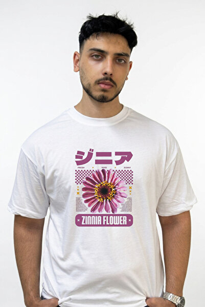 Anetos Zinnia Flower Design Printed Oversize White T-Shirt