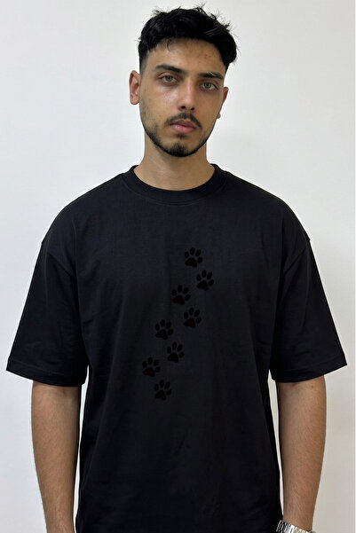 Anetos Paw Prints Design Printed Oversize Black T-Shirt