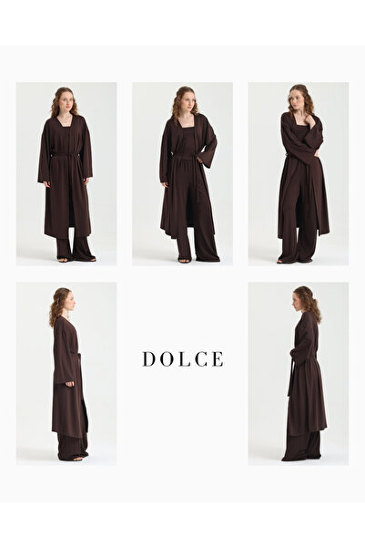 femmes fraiches Dolce Acı Brown Pants - Strappy Top - Belted Kimono Set