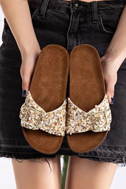 Pienn Cream Color Women's Stone Detailed Home and Daily Slippers
