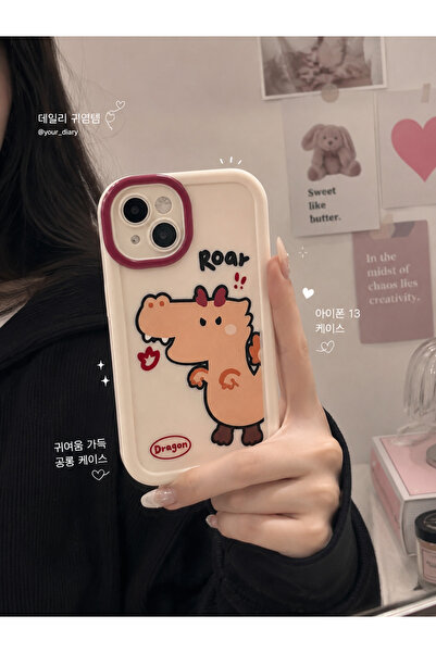 MİRAZ TASARIM IPHONE 14/15 PLUS UYUMLU EKRU RENK DİNO DESENLİ KILIF